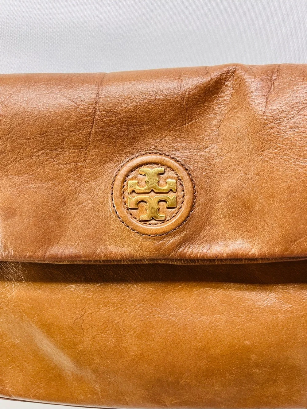 Tory Burch Caramel Brown Leather Shoulder Bag with Gold Logo